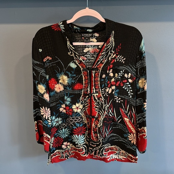 Citron Santa Monica 100% Silk Asian Print Mandarin Collar Blouse Size PS Kimono - Picture 3 of 6